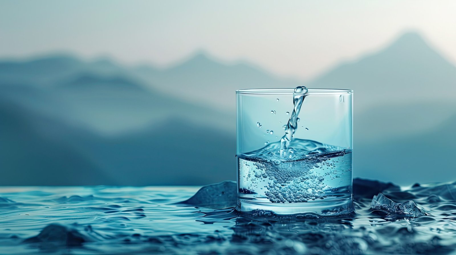 A splash of clean water in a glass against the background of mountains. The concept of clean drinking water.